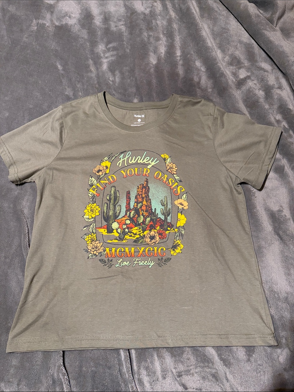 Hurley Olive Green Desert Graphic Tee with Yellow Accents
